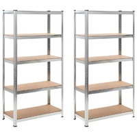  5-Layer Heavy-duty Shelves 2 pcs Silver Steel&amp;Engineered Wood