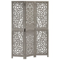  Hand carved 3-Panel Room Divider Grey 120x165 cm Solid Mango Wood