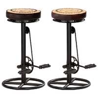  Bar Stools with Canvas Print 2 pcs Black and Brown Real Leather
