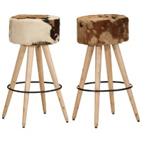  Bar Stools 2 pcs Brown Rough Mango Wood and Real Leather