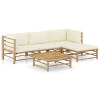  5 Piece Garden Lounge Set with Cream White Cushions Bamboo