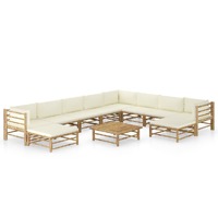  11 Piece Garden Lounge Set with Cream White Cushions Bamboo