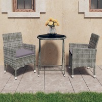  3 Piece Garden Bistro Set Poly Rattan and Tempered Glass Grey