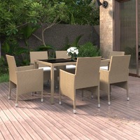  7 Piece Garden Dining Set Poly Rattan and Tempered Glass Beige