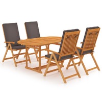  5 Piece Garden Dining Set with Grey Cushions Solid Teak Wood