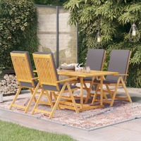  5 Piece Garden Dining Set with Grey Cushions Solid Teak Wood