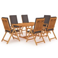  7 Piece Garden Dining Set with Grey Cushions Solid Teak Wood