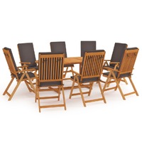  9 Piece Garden Dining Set with Cushions Solid Teak Wood Grey