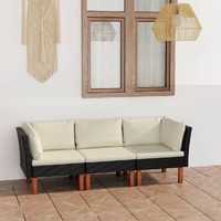  3-Seater Garden Sofa with Cushions Black Poly Rattan