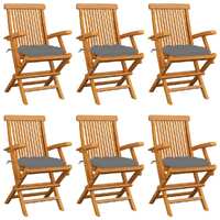  Garden Chairs with Grey Cushions 6 pcs Solid Teak Wood