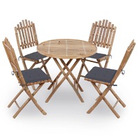  5 Piece Folding Outdoor Dining Set with Cushions Bamboo