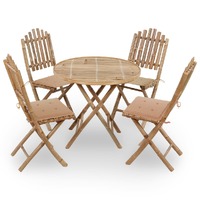  5 Piece Folding Outdoor Dining Set with Cushions Bamboo