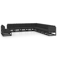  11 Piece Garden Lounge Set with Cushions Black Solid Pinewood