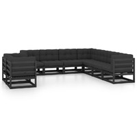  9 Piece Garden Lounge Set with Cushions Black Solid Pinewood