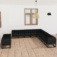  11 Piece Garden Lounge Set with Cushions Black Solid Pinewood