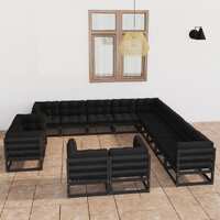  13 Piece Garden Lounge Set with Cushions Black Solid Pinewood