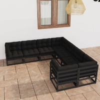  8 Piece Garden Lounge Set with Cushions Black Solid Pinewood