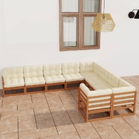  9 Piece Garden Lounge Set &amp; Cushions Honey Brown Solid Pinewood