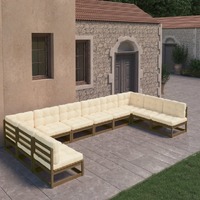  10 Piece Garden Lounge Set&amp;Cushions Honey Brown Solid Pinewood