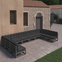  10 Piece Garden Lounge Set with Cushions Black Solid Pinewood