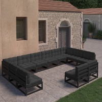  12 Piece Garden Lounge Set with Cushions Black Solid Pinewood