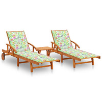  Sun Loungers 2 pcs with Table and Cushions Solid Acacia Wood