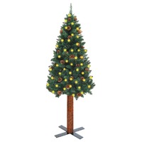  Slim Pre-lit Christmas Tree with Real Wood&amp;Cones Green 180 cm