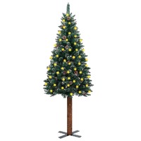  Slim Pre-lit Christmas Tree with Real Wood&amp;White Snow Green 210 cm