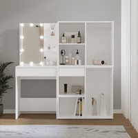  LED Dressing Table with 2 Cabinets White Engineered Wood