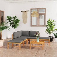  6 Piece Garden Lounge Set with Grey Cushions Solid Teak Wood