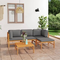  5 Piece Garden Lounge Set with Grey Cushions Solid Teak Wood