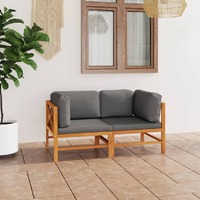  2-Seater Garden Sofa with Grey Cushions Solid Wood Teak