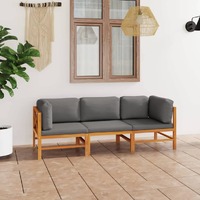  3-Seater Garden Sofa with Grey Cushions Solid Teak Wood