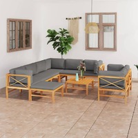  10 Piece Garden Lounge Set with Grey Cushions Solid Teak Wood
