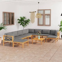  11 Piece Garden Lounge Set with Grey Cushions Solid Teak Wood