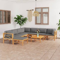  9 Piece Garden Lounge Set with Grey Cushions Solid Teak Wood