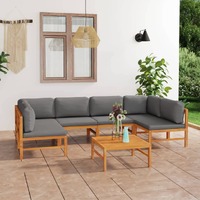  7 Piece Garden Lounge Set with Grey Cushions Solid Teak Wood