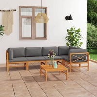  6 Piece Garden Lounge Set with Grey Cushions Solid Teak Wood