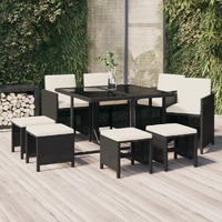  9 Piece Garden Dining Set with Cushions Poly Rattan Black
