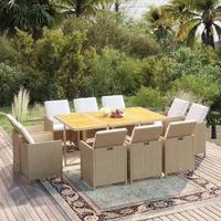  11 Piece Garden Dining Set with Cushions Poly Rattan Beige