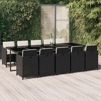  11 Piece Garden Dining Set with Cushions Poly Rattan Black