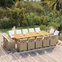  15 Piece Garden Dining Set with Cushions Poly Rattan Beige