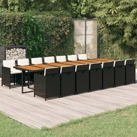  15 Piece Garden Dining Set with Cushions Black Poly Rattan