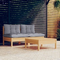  3 Piece Garden Lounge Set with Grey Cushions Pinewood