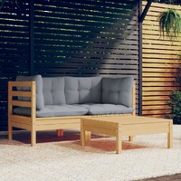  3 Piece Garden Lounge Set with Grey Cushions Pinewood