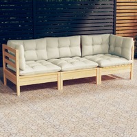  3-Seater Garden Sofa with Cream Cushions Solid Pinewood