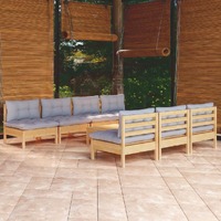  8 Piece Garden Lounge Set with Grey Cushions Pinewood