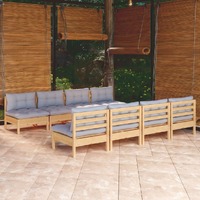  9 Piece Garden Lounge Set with Grey Cushions Solid Pinewood