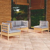  4 Piece Garden Lounge Set with Grey Cushions Solid Pinewood