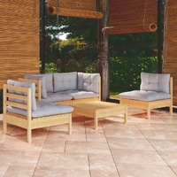  5 Piece Garden Lounge Set with Grey Cushions Solid Pinewood
